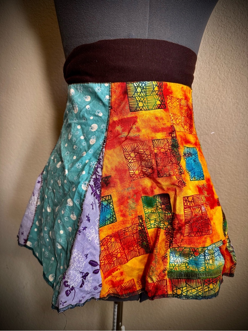 Handmade Patchwork Vintage Wrap Mini Skirt Orange Blue Patterned S